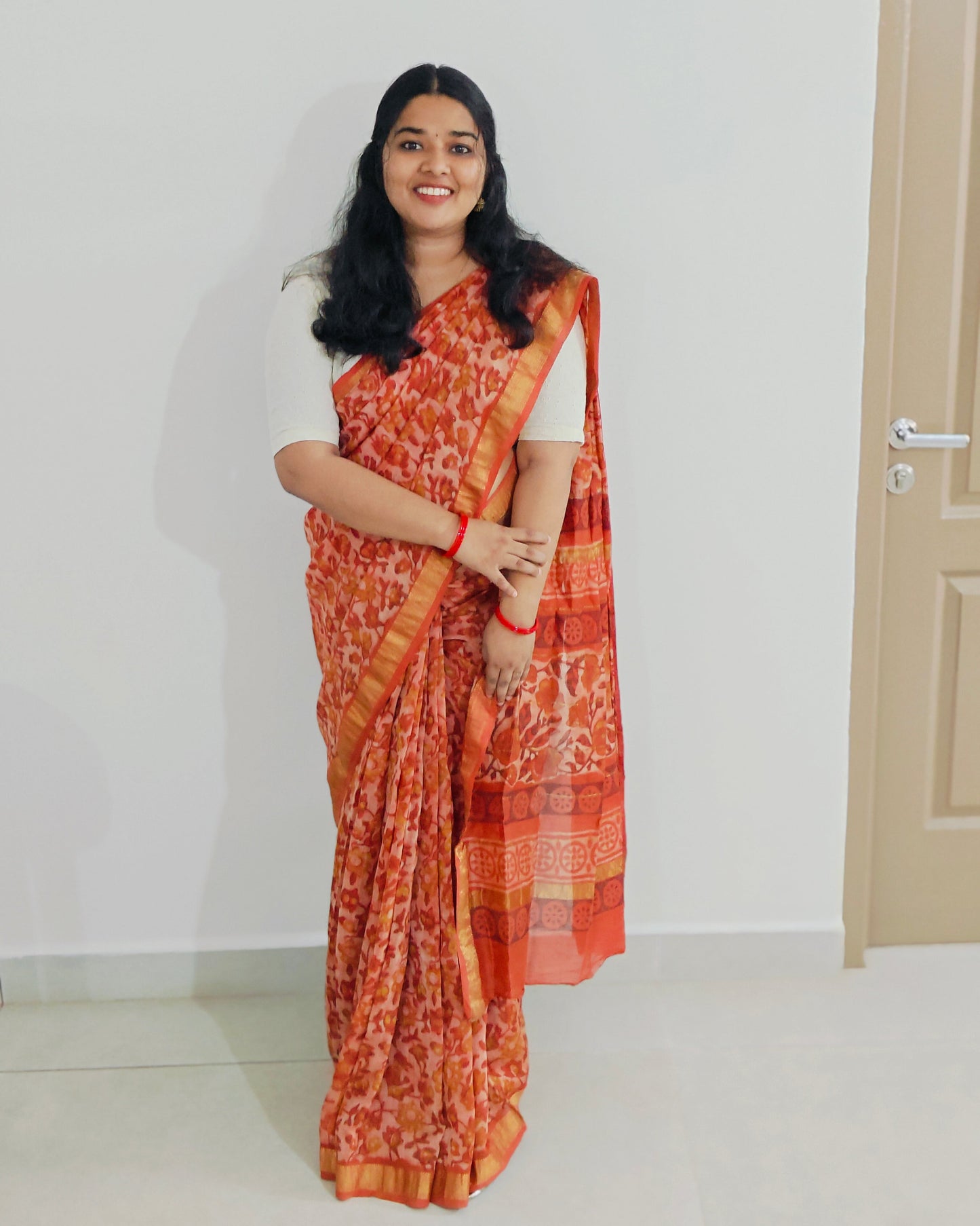 Dark Peach Maheshwari Silk Cotton Saree