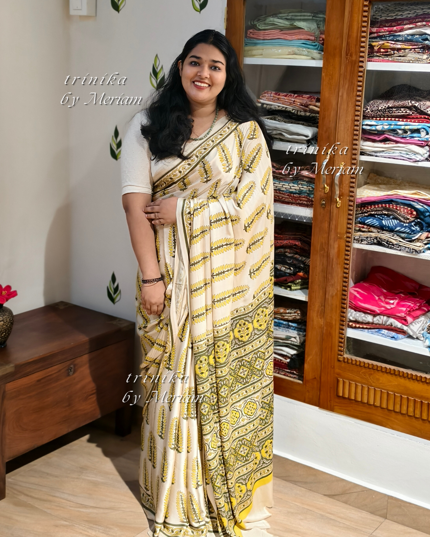 Cream Bagru Modal Silk Saree