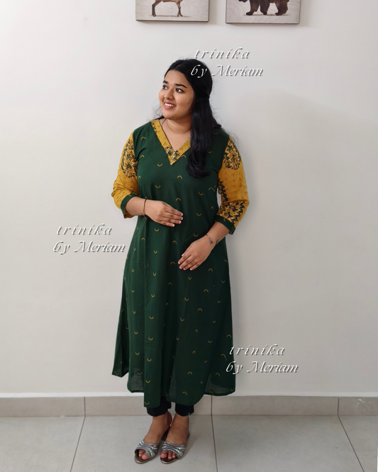 Green With Mustard A-Line Kurta