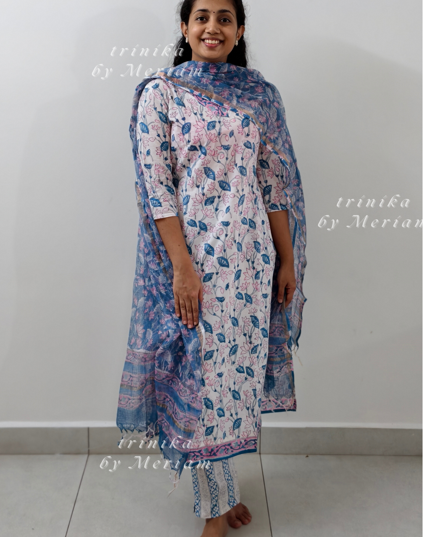 White and Blue Cotton Ready-made Salwar Suit
