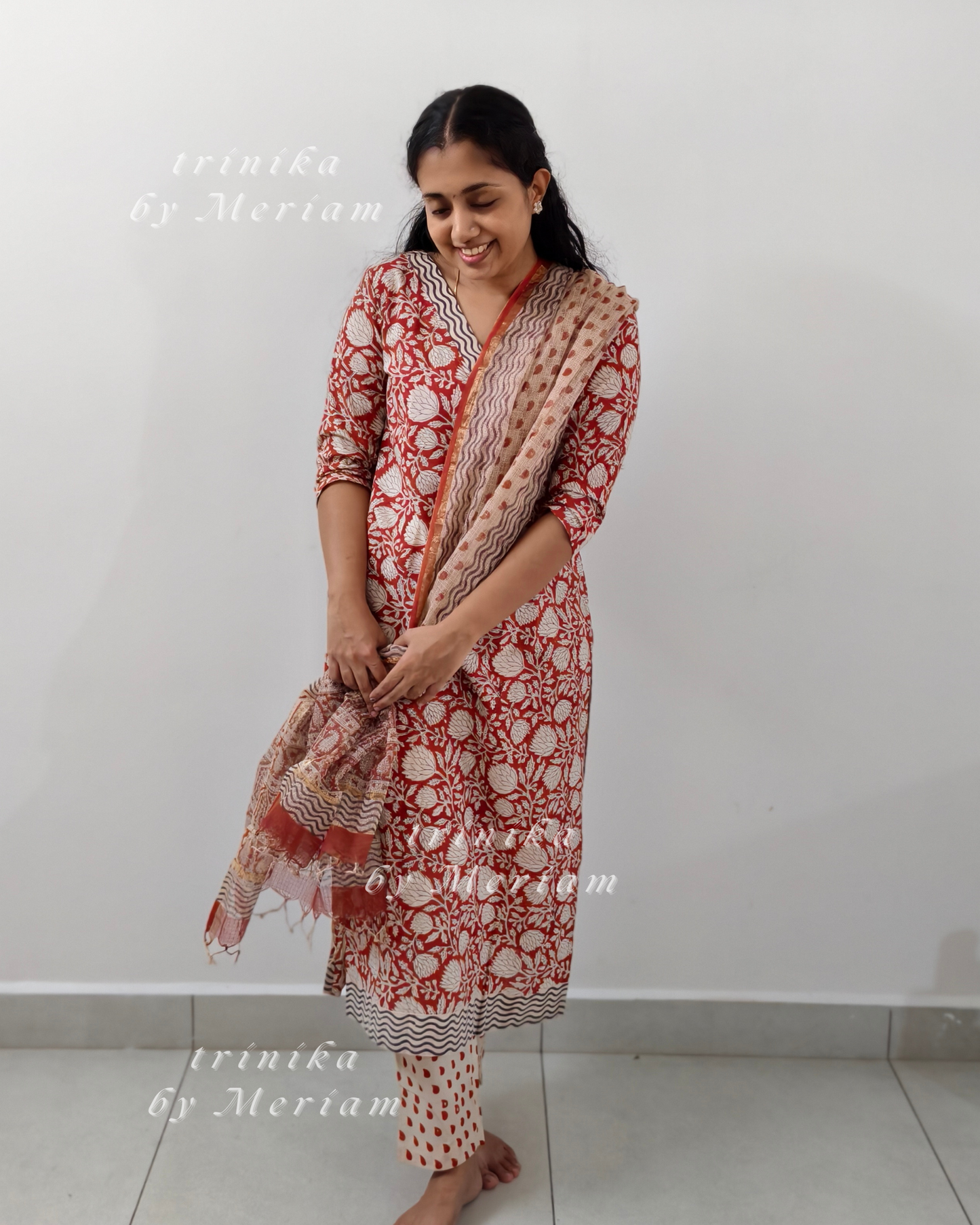 Red Cotton Ready-made Salwar Suit