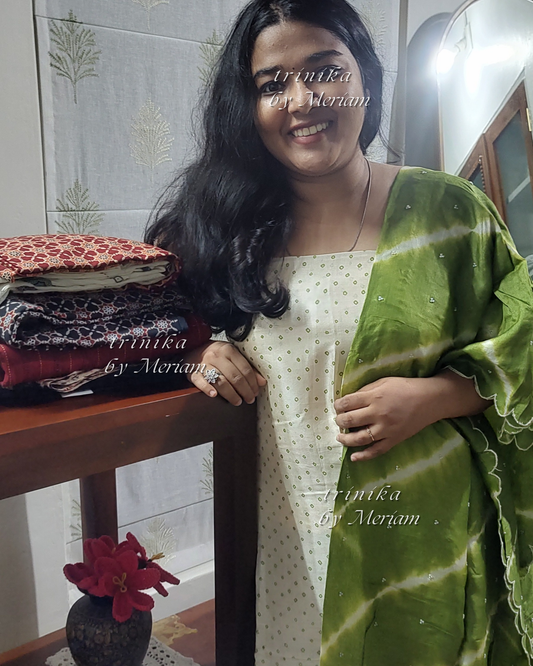 Cream and Green Pure Tussar Silk Salwar Suit