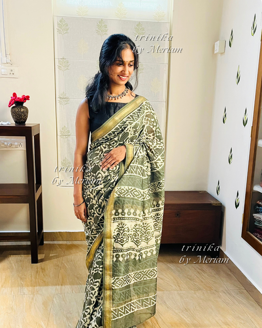 Leafy Green Maheshwari silk cotton saree