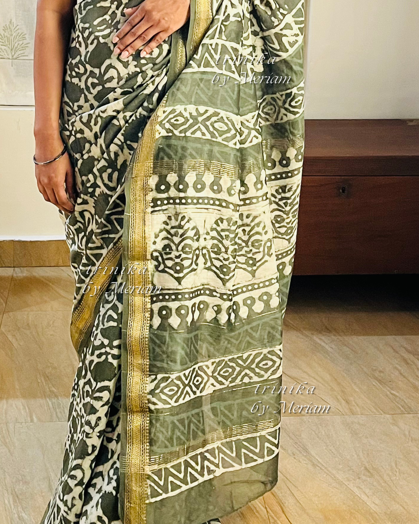 Leafy Green Maheshwari silk cotton saree