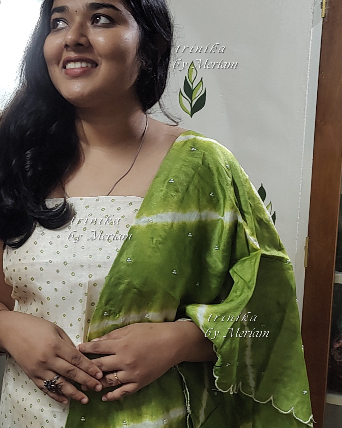 Cream and Green Pure Tussar Silk Salwar Suit
