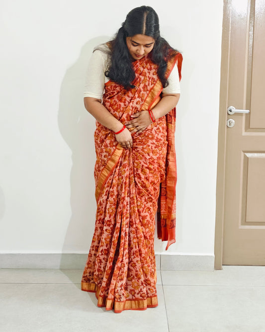 Dark Peach Maheshwari Silk Cotton Saree