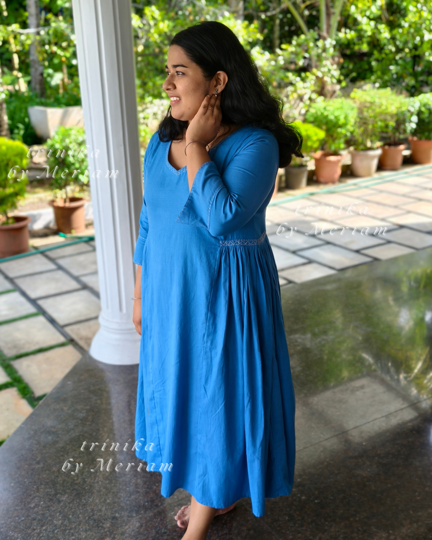 Side Pleated Denim Coloured Dress