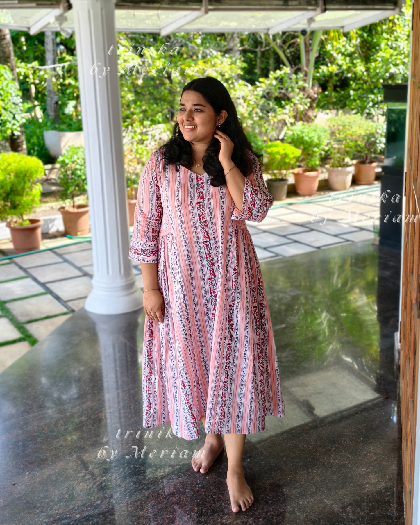 Side Pleated Peach n White Dress
