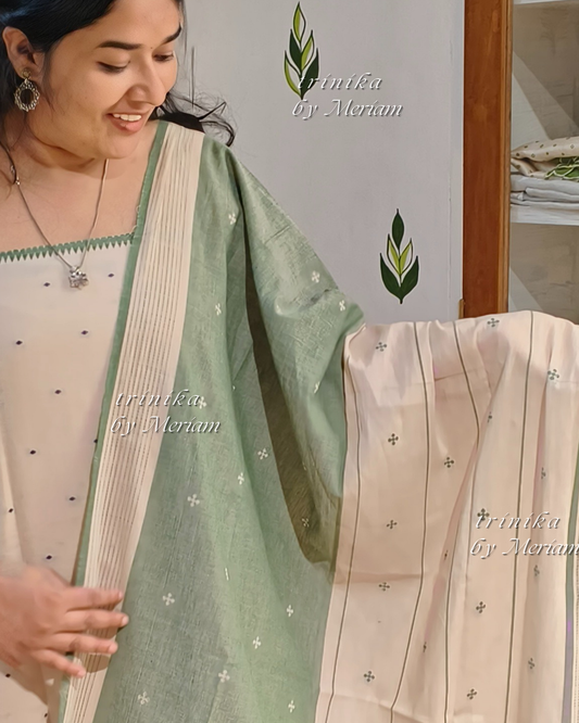 Cream and Green Jamdani  Salwar Suit