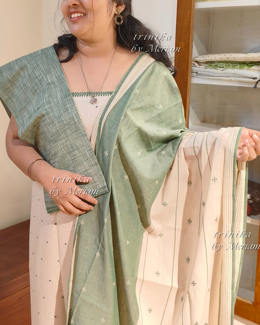 Cream and Green Jamdani  Salwar Suit