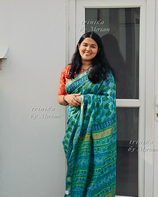 Cyan Blue Maheshwari Silk Cotton Saree