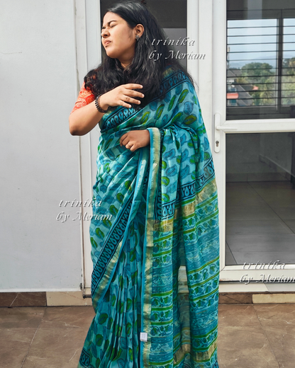 Cyan Blue Maheshwari Silk Cotton Saree