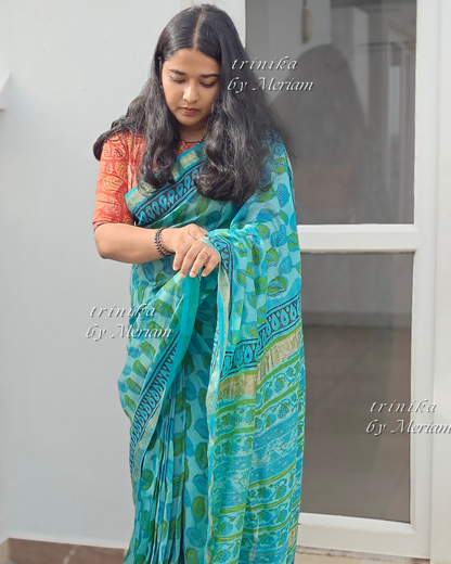 Cyan Blue Maheshwari Silk Cotton Saree