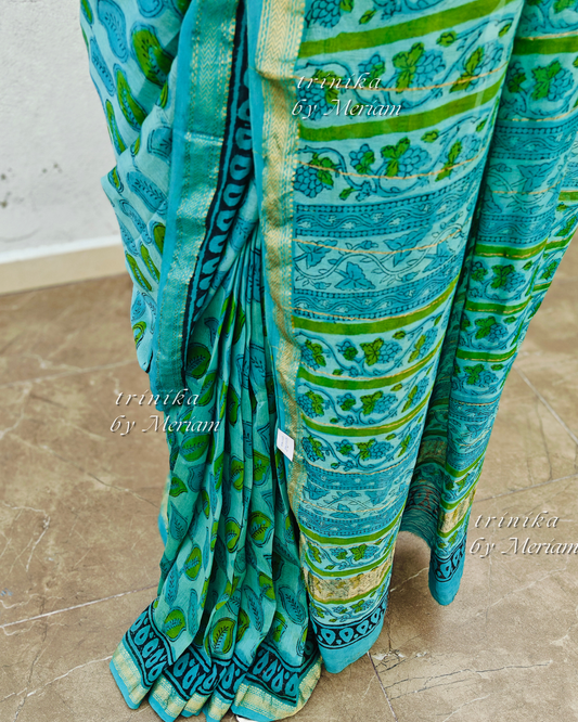 Cyan Blue Maheshwari Silk Cotton Saree