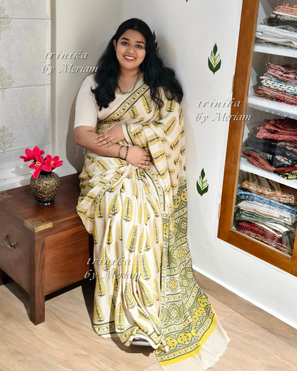 Cream Bagru Modal Silk Saree