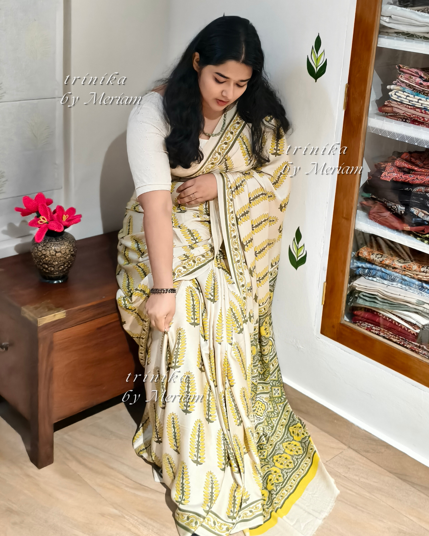 Cream Bagru Modal Silk Saree