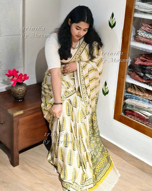 Cream Bagru Modal Silk Saree
