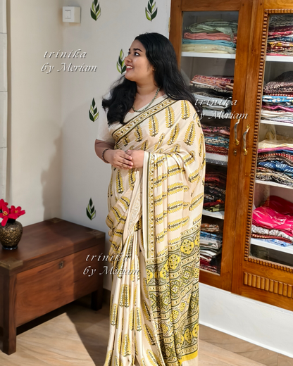 Cream Bagru Modal Silk Saree