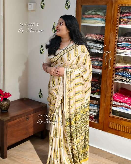 Cream Bagru Modal Silk Saree