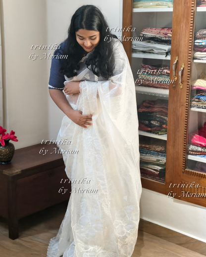 White Embroidery Tissue Saree