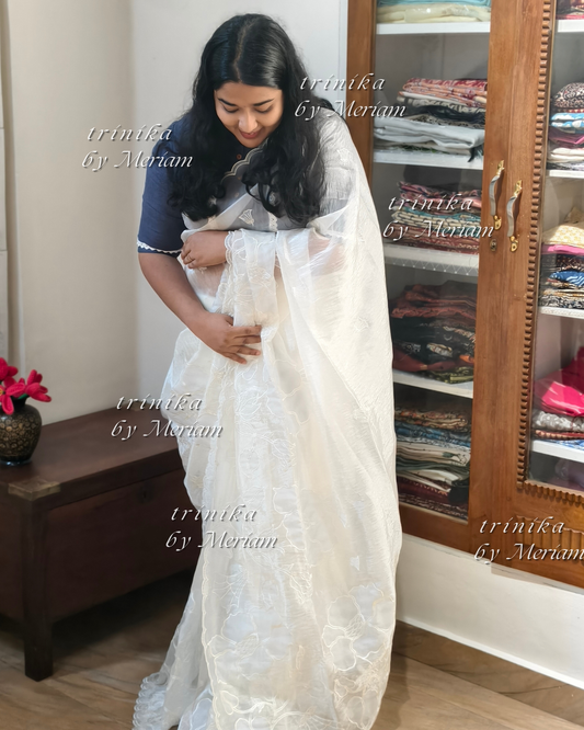 White Embroidery Tissue Saree
