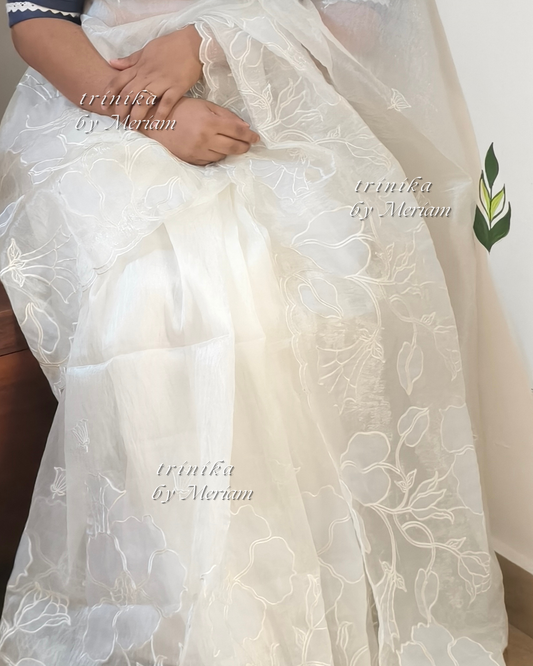 White Embroidery Tissue Saree
