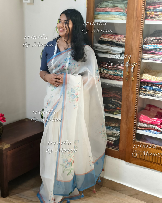 White with Blue Boarder  Organza Saree
