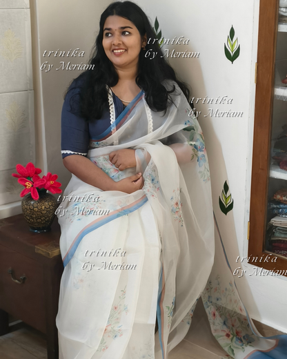 White with Blue Boarder  Organza Saree