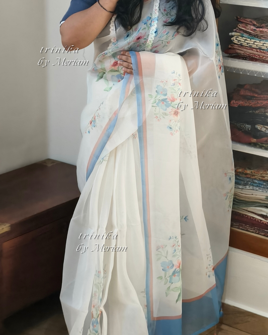 White with Blue Boarder  Organza Saree
