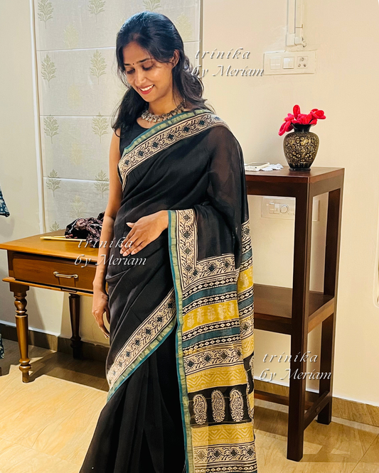 Black  Chanderi Silk Cotton Saree