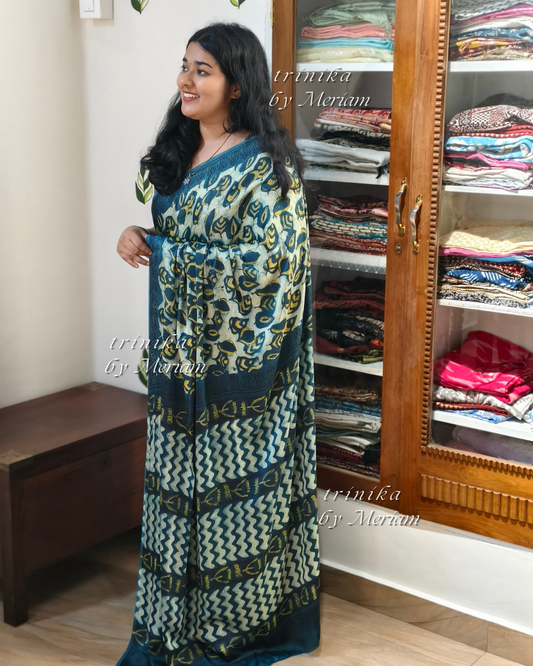 Blue Bagru Modal Silk Saree