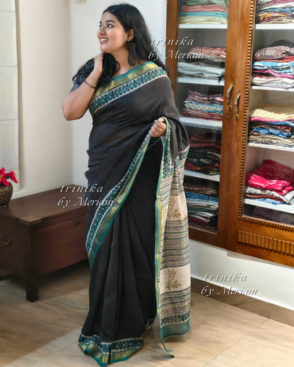 Crow Black Maheshwari Silk Cotton Saree