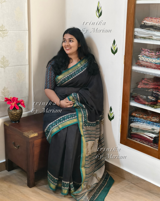 Crow Black Maheshwari Silk Cotton Saree