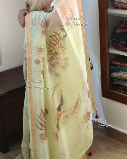 Lime Green Banarasi Organza Saree