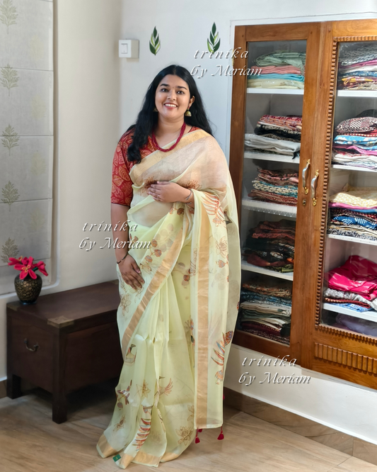 Lime Green Banarasi Organza Saree