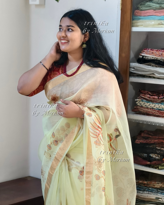 Lime Green Banarasi Organza Saree