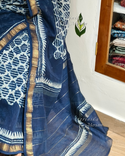 Indigo Blue Maheshwari Silk Cotton Saree