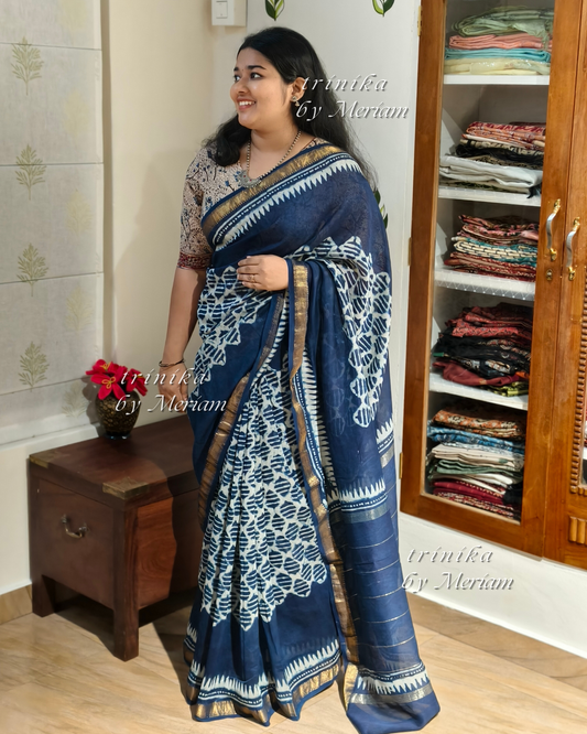 Indigo Blue Maheshwari Silk Cotton Saree