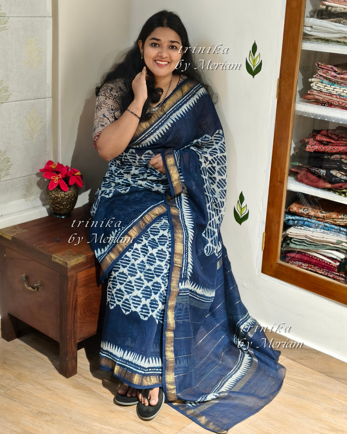 Indigo Blue Maheshwari Silk Cotton Saree