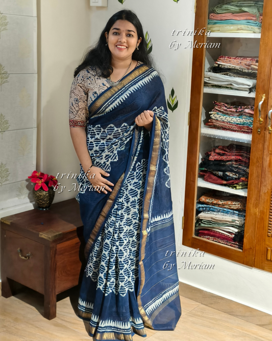 Indigo Blue Maheshwari Silk Cotton Saree