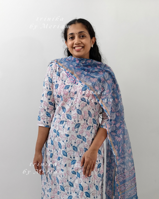 White and Blue Cotton Ready-made Salwar Suit