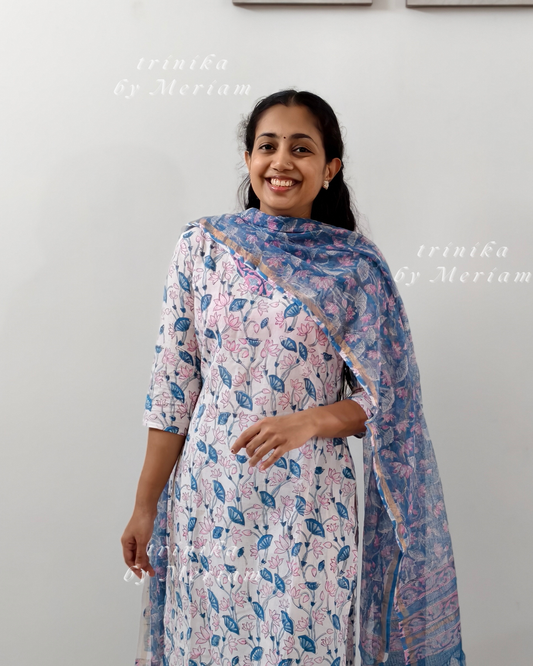 White and Blue Cotton Ready-made Salwar Suit