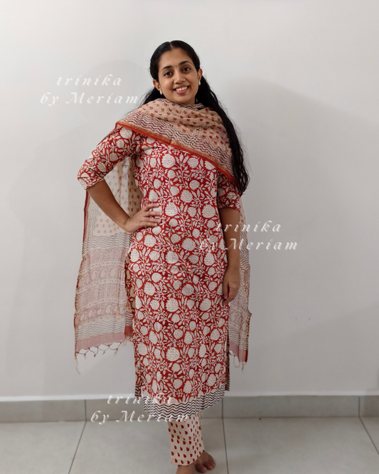 Red Cotton Ready-made Salwar Suit