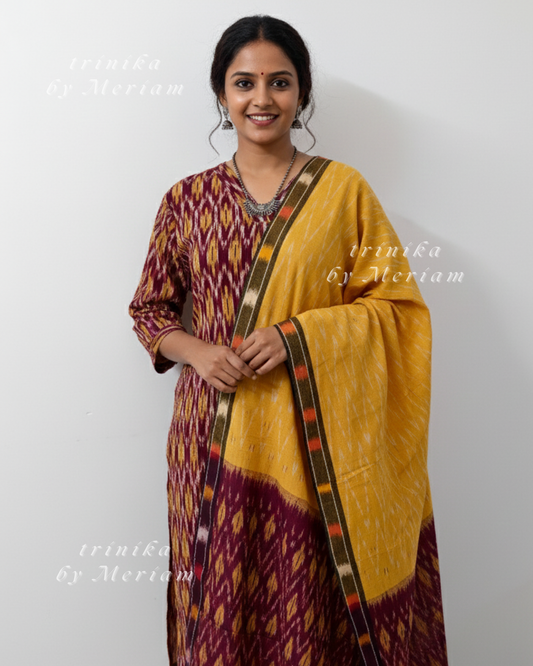 Marron and Mustard Ikat Ready-made Salwar Suit