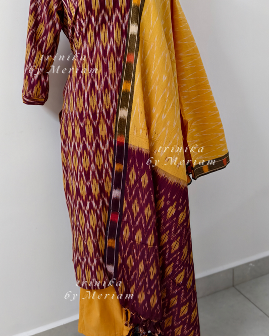 Marron and Mustard Ikat Ready-made Salwar Suit