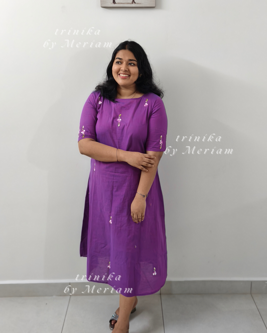 Purple  A-Line  Embroidery  Kurta