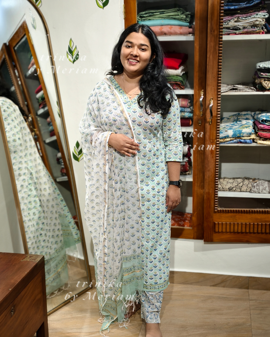 Cyan Cotton Ready-made Salwar Suit