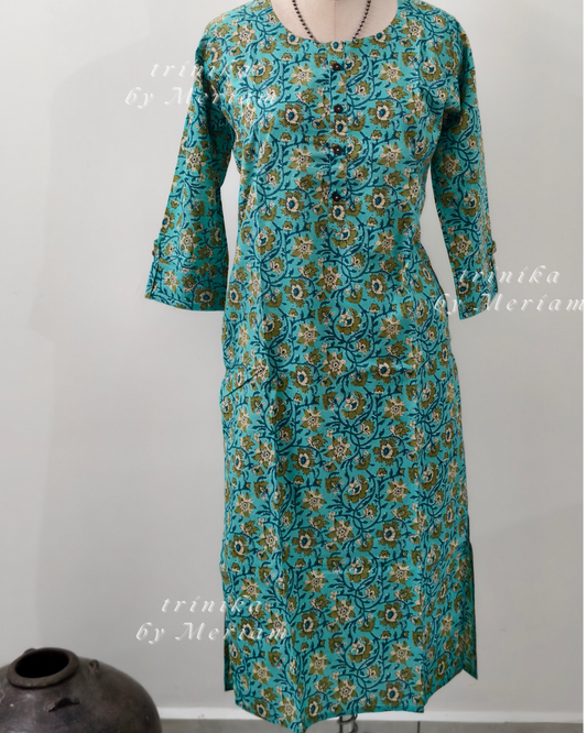 Sea Blue Round-Neck Slitted Kurta