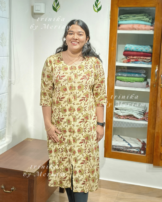 Beige and  Green A-Line Kurta
