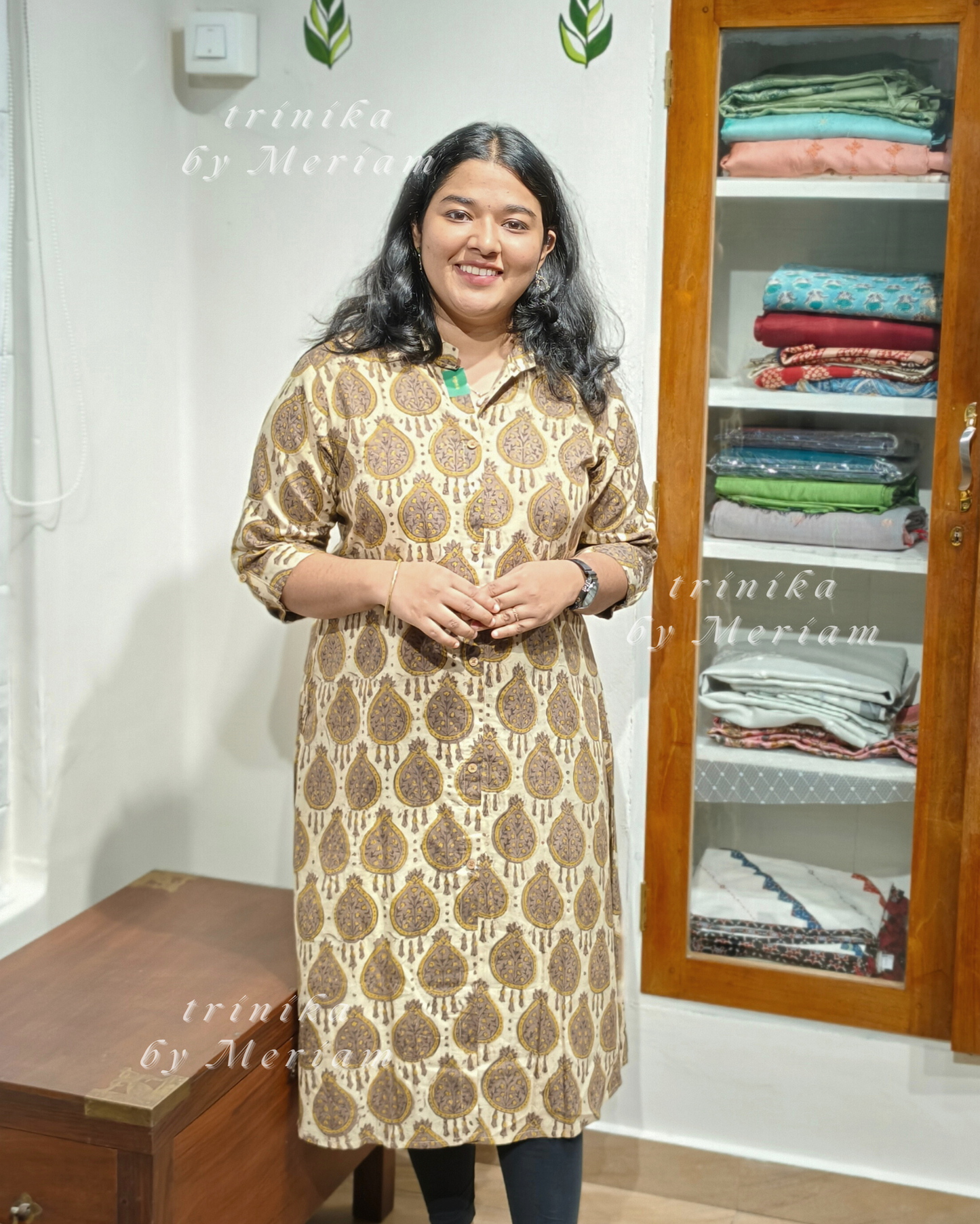 Beige and Brown Collared A-Line Kurta